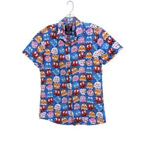 Phat Farm Mens Pac Man Button Down Shirt Size M Blue Short Sleeve Retro Novelty
